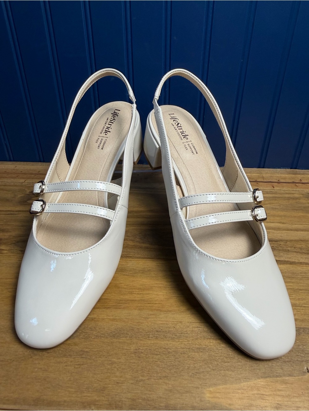 LifeStride Beatrice Bone Patent Slingback Block Heels Women’s 9.5 NIB